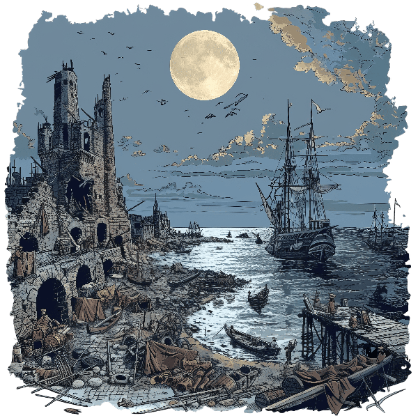 Moonlit Harbor and Sailing Ships T-Shirt Design POD Design