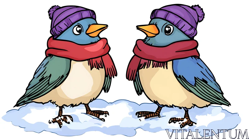 Birds with Winter Hats and Scarves AI Image