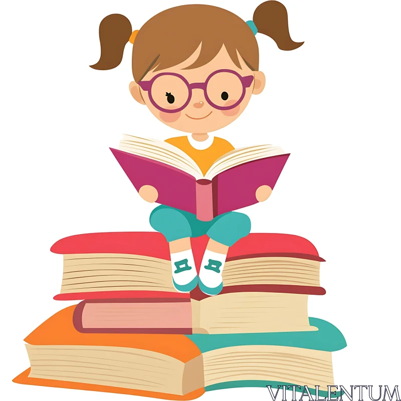 AI ART Cartoon Girl on Stack of Books