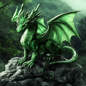 Green Dragon on Rock in Forest