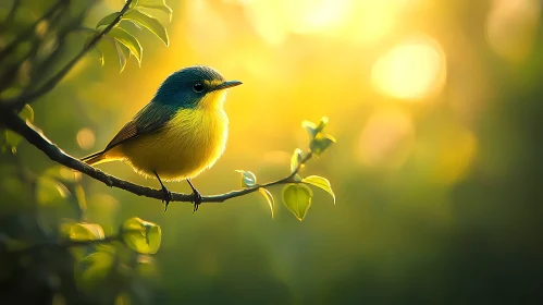 Sunlit Bird on Leafy Branch