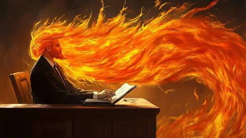 Fiery-Haired Man Immersed in Reading at Desk