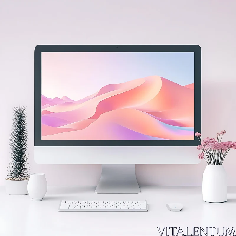 Modern Desktop Setup with Pastel Abstract Art AI Image