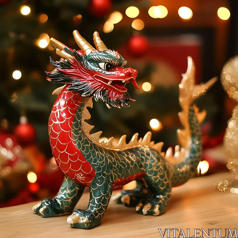 AI ART Ornamental Dragon Statue with Christmas Lights