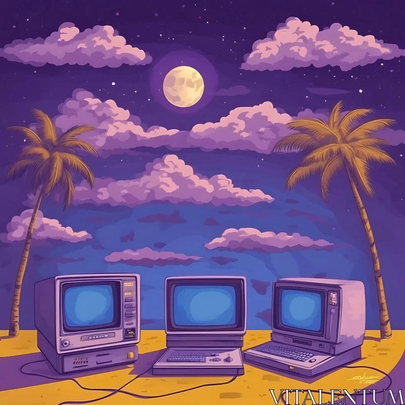 Nighttime Surreal Computers and Palm Trees AI Image