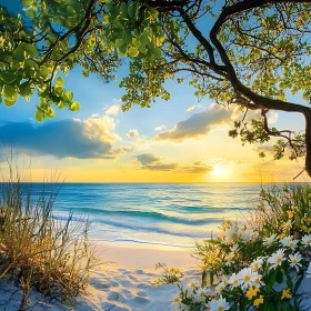 Tranquil Beach Sunset With Vibrant Flowers