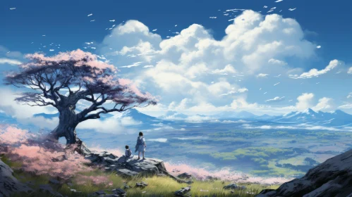 Anime Art Style - Two People in a Mountain Landscape under the Sun
