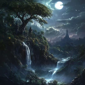 Waterfall Castle Under Moonlight