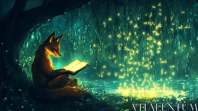 Fox Reads Magic Book Under Willow Tree AI Image