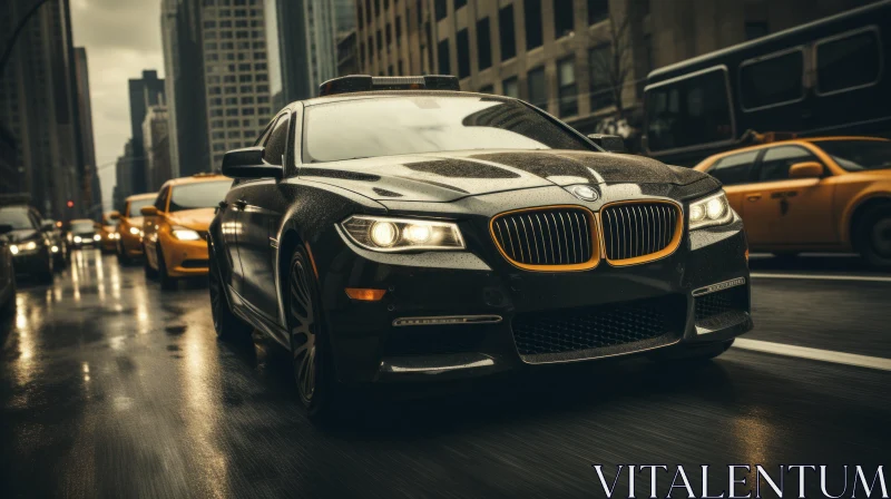 BMW Taxi in Rainy Downtown New York City - Wealthy Portraiture Style AI Image