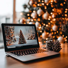 Holiday-Themed Laptop and Decorations