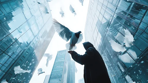 Birds Flying Between Buildings