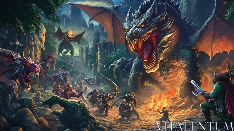 AI ART Fantasy Warriors Clash with Dragons