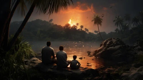 Captivating Family Scene: Enigmatic Island Fire in Mysterious Jungle