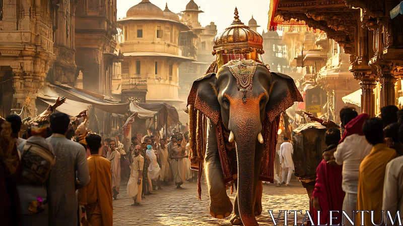 AI ART Ornate Elephant in Festive Street Procession