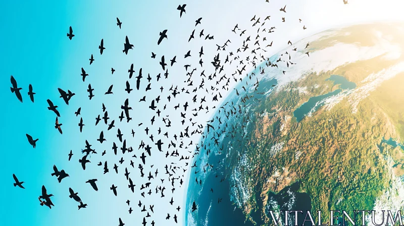 Flock of Birds Ascending from Earth AI Image