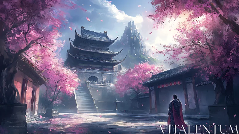 Warrior in Cherry Blossom Garden AI Image