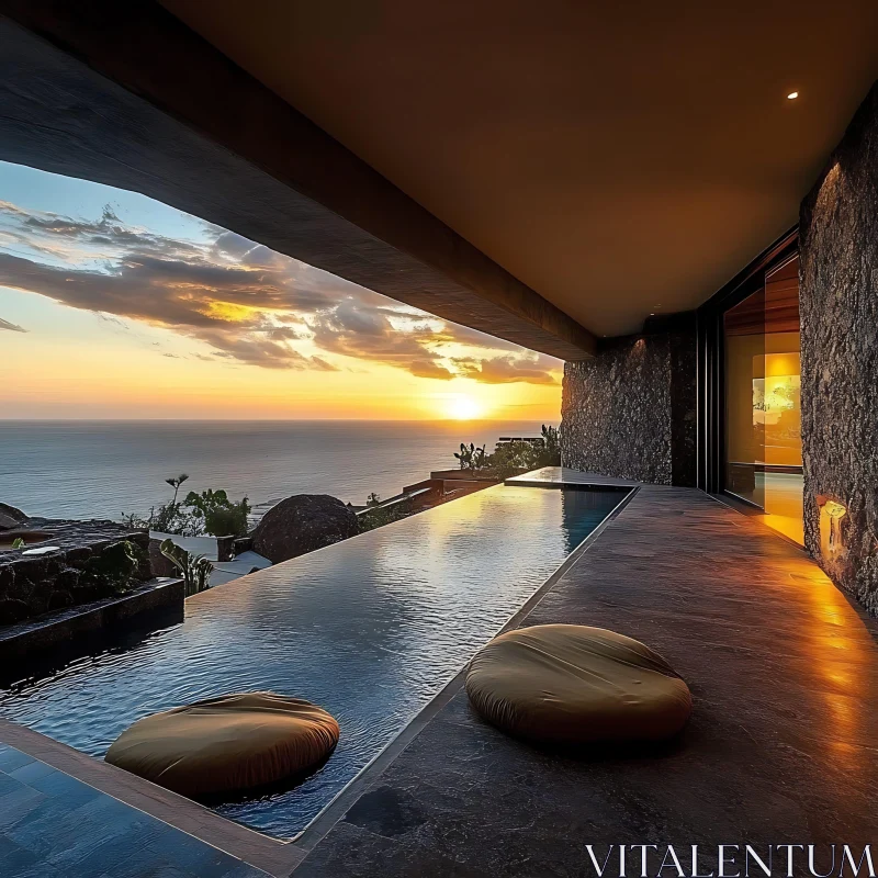 Modern Poolside Sunset Overlooking the Sea AI Image