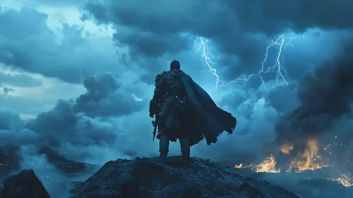 Caped Warrior in Lightning Storm