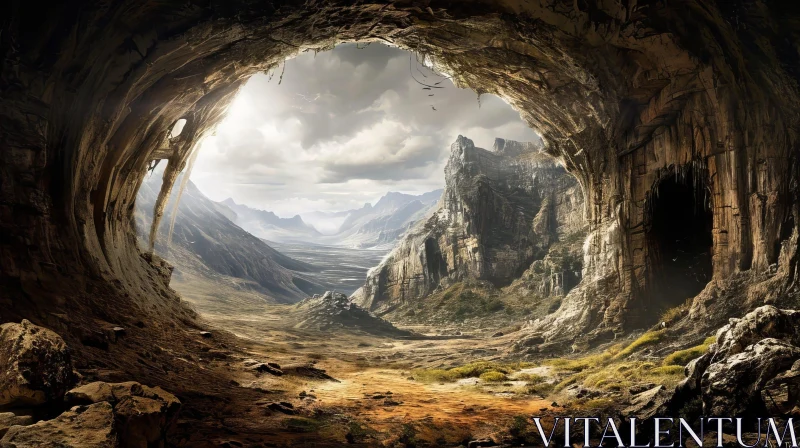 Mysterious Cave Landscape Painting with Snow-Covered Mountains AI Image