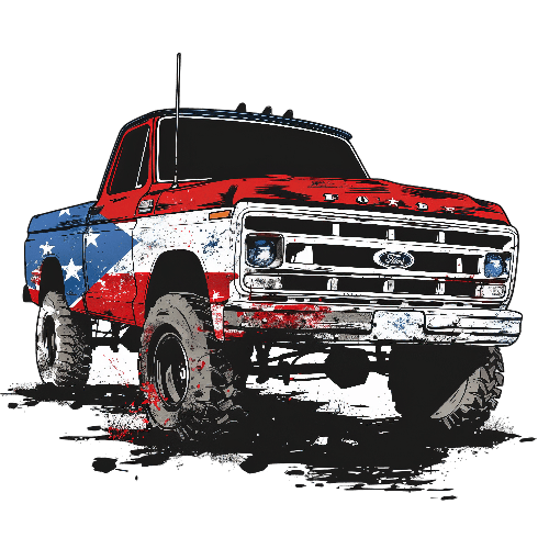 Patriotic Pickup Truck with American Flag Illustration POD Design