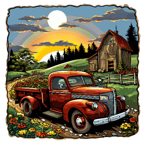 Rustic Red Truck and Floral Scenery at Sunset with Rainbow