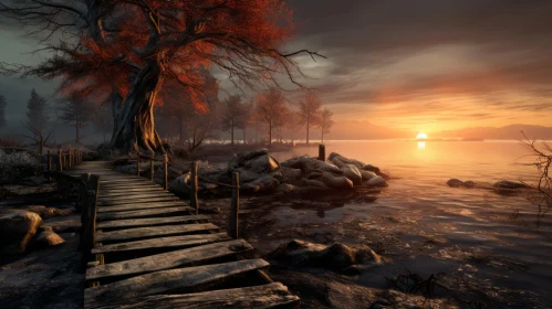 Secluded Sunset: Wooden Bridge Over Water