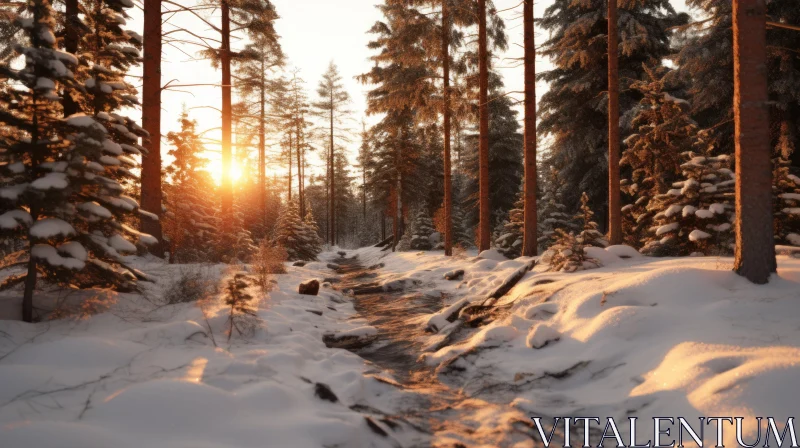 Winter Forest at Sunset - A Snowy Scene AI Image
