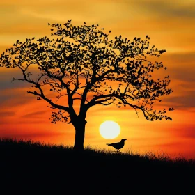 Sunset Silhouette with Tree and Bird