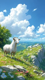 Mountain Goat in Blooming Landscape