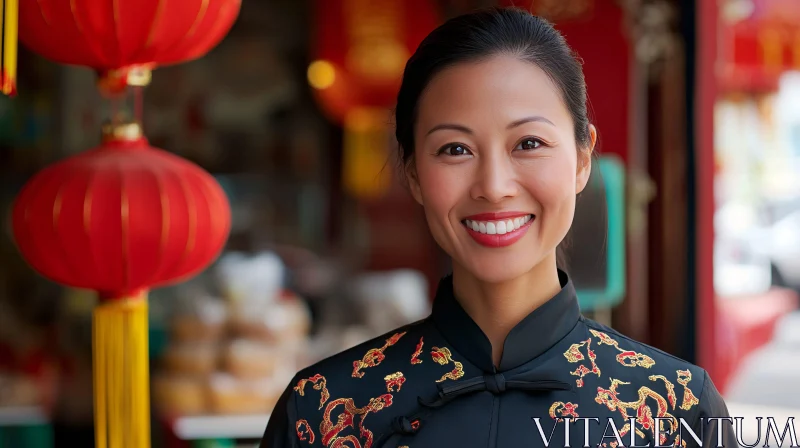 AI ART Woman in Traditional Dress with Red Lanterns