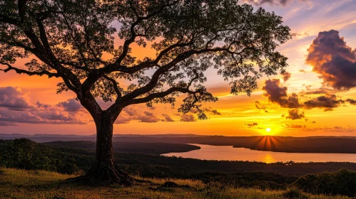 Tranquil Sunset Overlooking Lake and Tree
