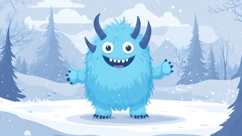 Happy Blue Monster in Snowy Forest