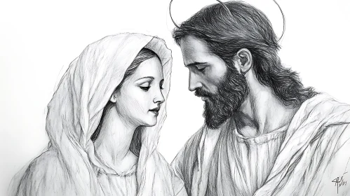 Monochrome Sketch of Mary and Jesus