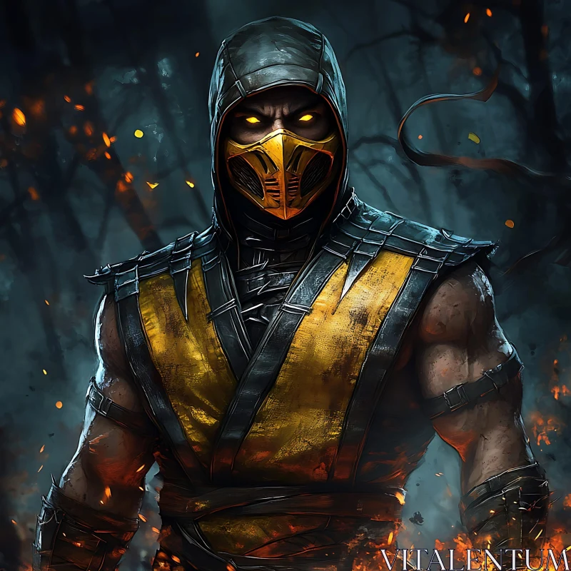 Golden Masked Warrior Amidst Flames AI Image