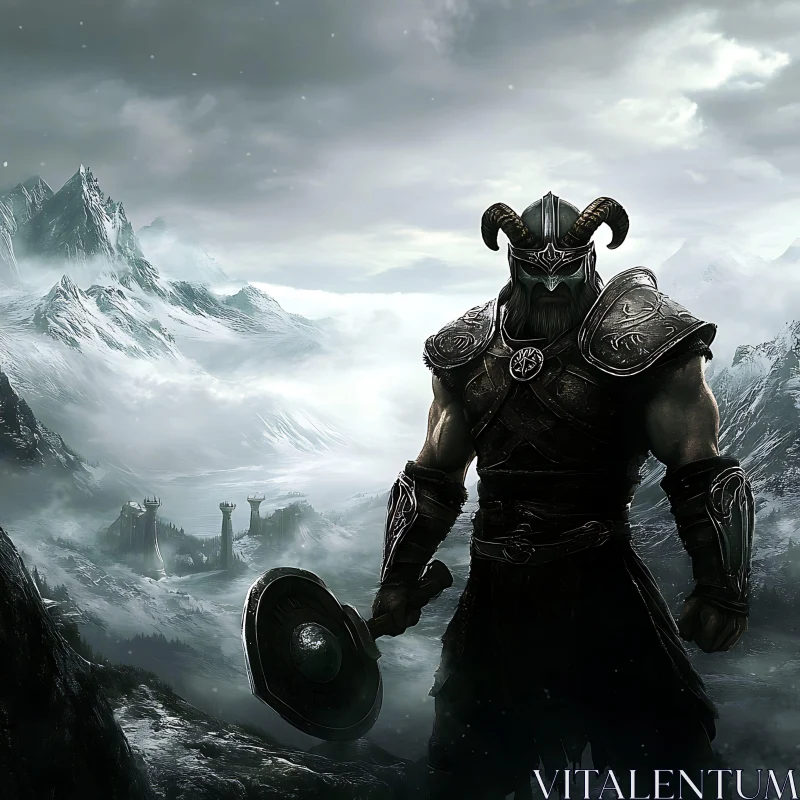 Armored Warrior in Misty Mountains AI Image