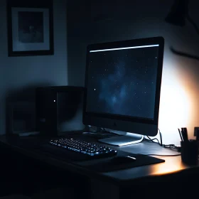 Elegant Computer Setup with Starry Night Display