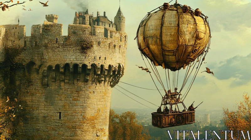 Castle and Steampunk Hot Air Balloon AI Image