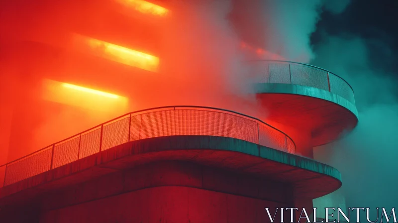 Curved Balconies in Enveloping Orange-Red Smoke AI Image