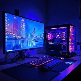Immersive RGB Gaming Rig with Cityscape View