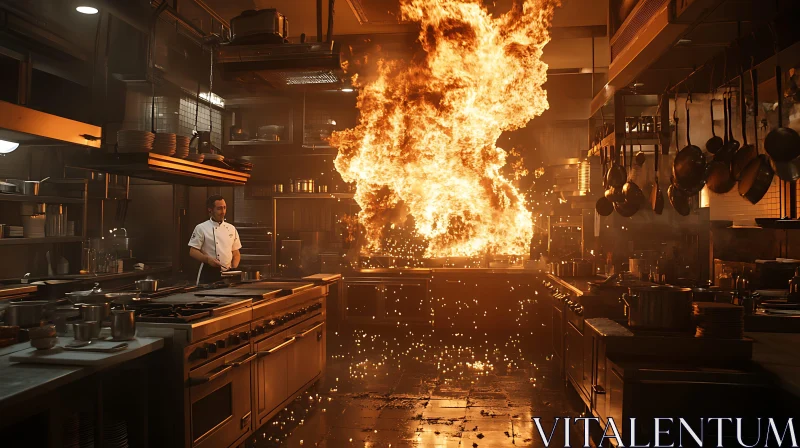 Chef Confronts Major Fire in Professional Kitchen AI Image