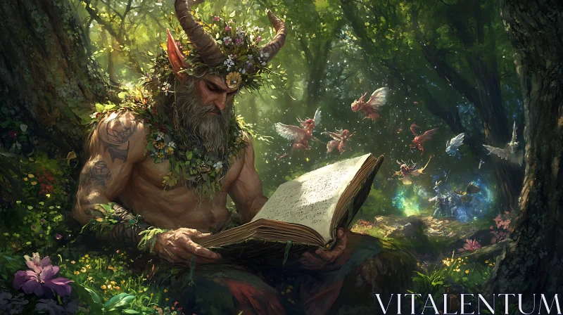 Faun Reading with Forest Fairies AI Image