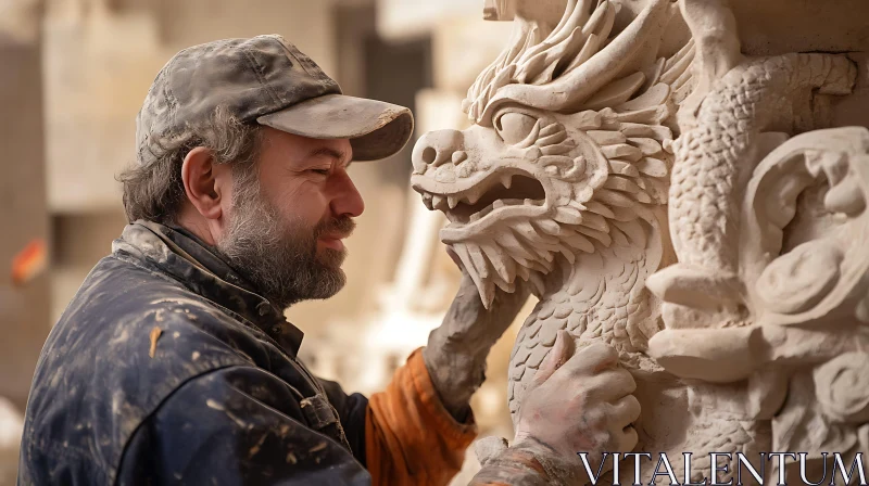 Dragon Sculpture in Progress: A Craftsman's Touch AI Image