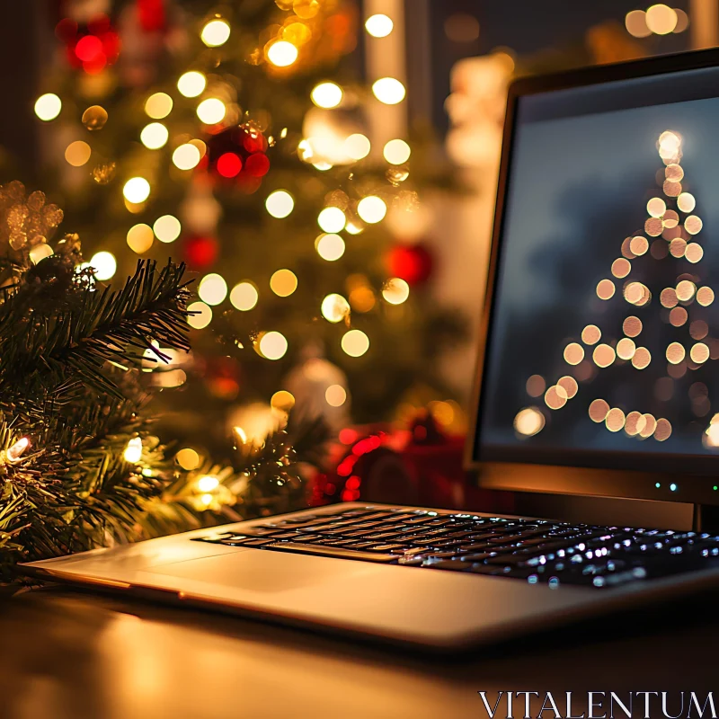 Festive Ambiance with Christmas Tree and Laptop AI Image