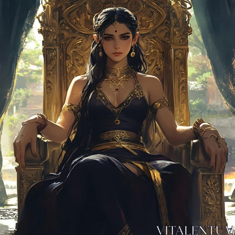 Regal Woman in Dark Dress on Golden Throne AI Image