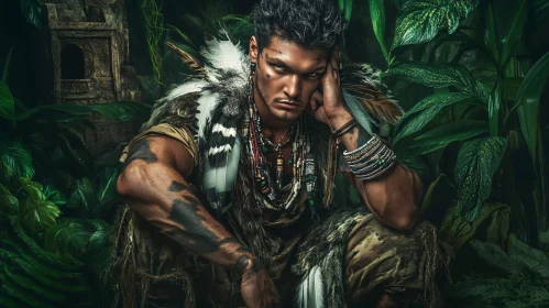 Man Adorned with Feathers in Jungle