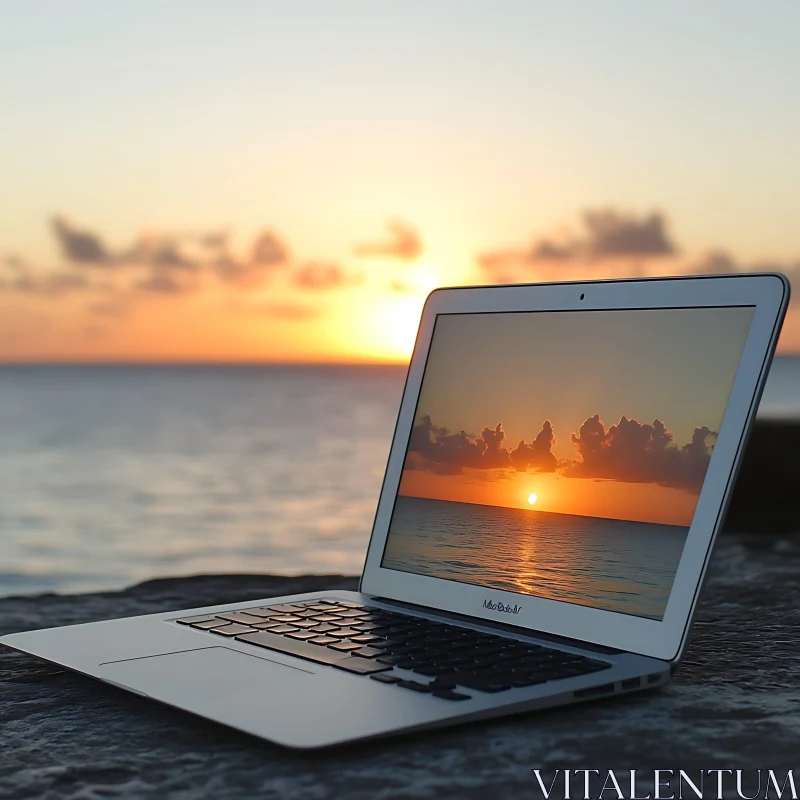 Computer Capturing Sunset by the Sea AI Image