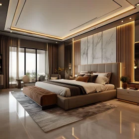 Stylish Modern Bedroom with Plush Furnishings and Scenic Windows