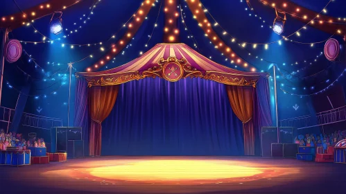 Cartoon Stage with Blue Curtain and Lights