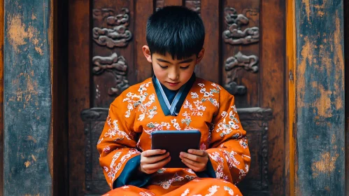 Child with Tablet in Cultural Attire